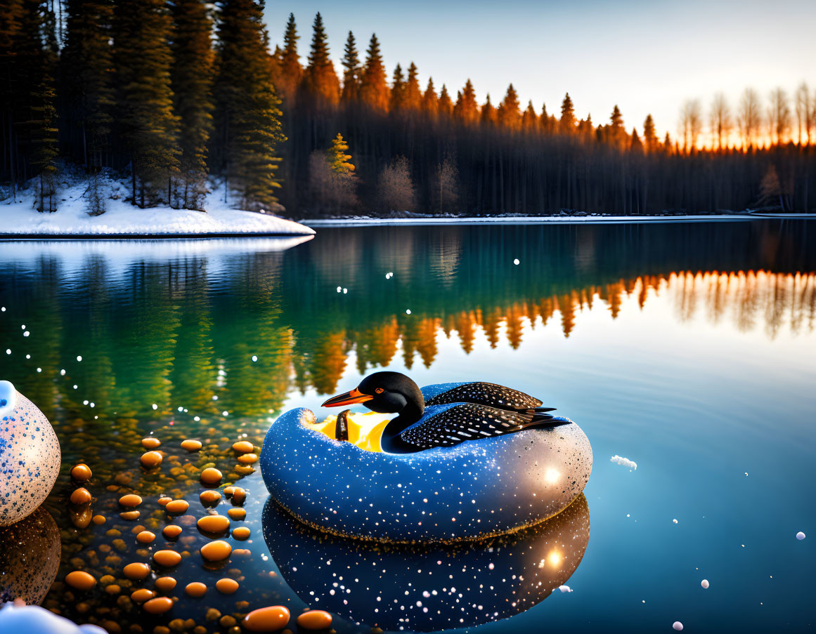 Duck on blue inflatable ring in tranquil lake at sunset