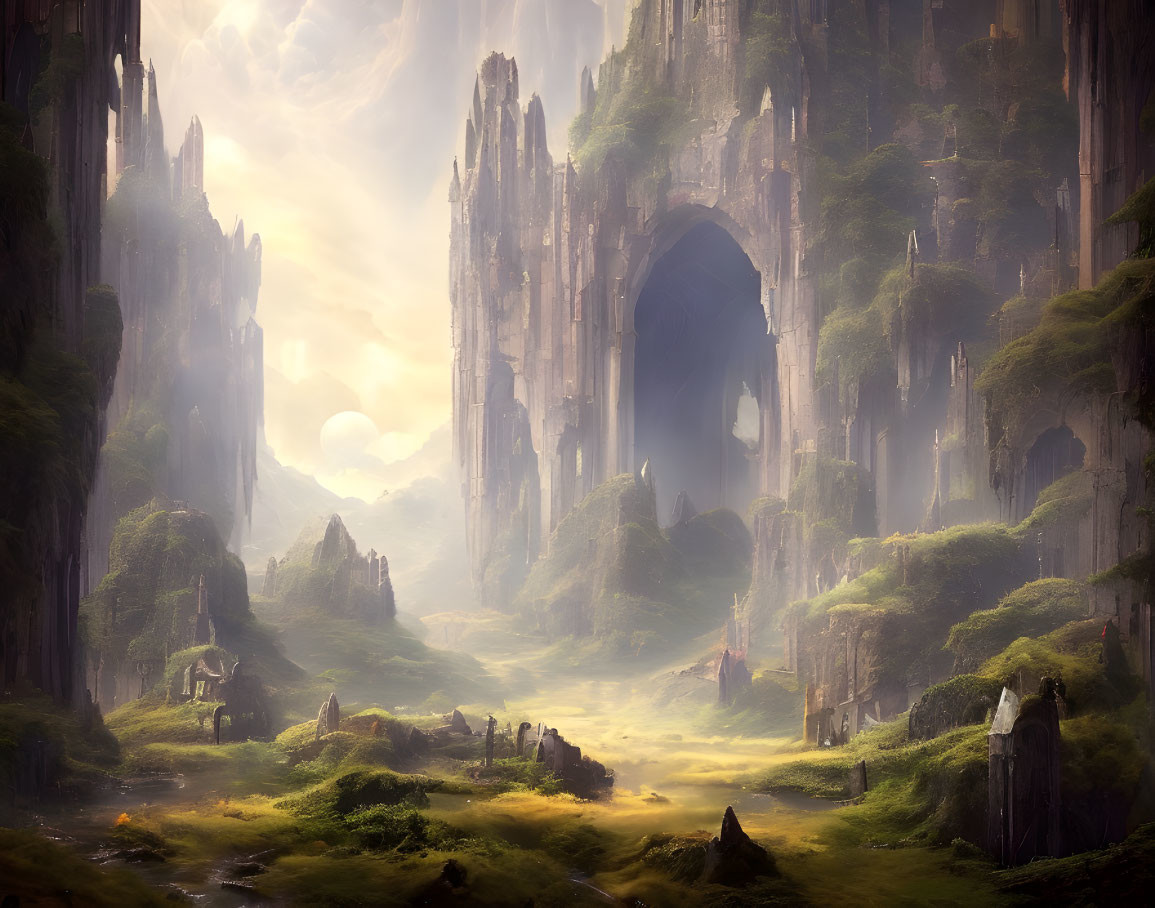 Majestic fantasy landscape with towering cliffs and lush greenery