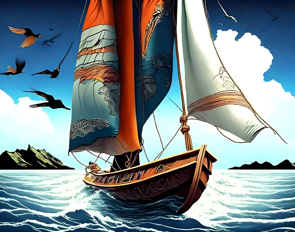 Vibrant Viking ship illustration with ornate sails on deep blue sea