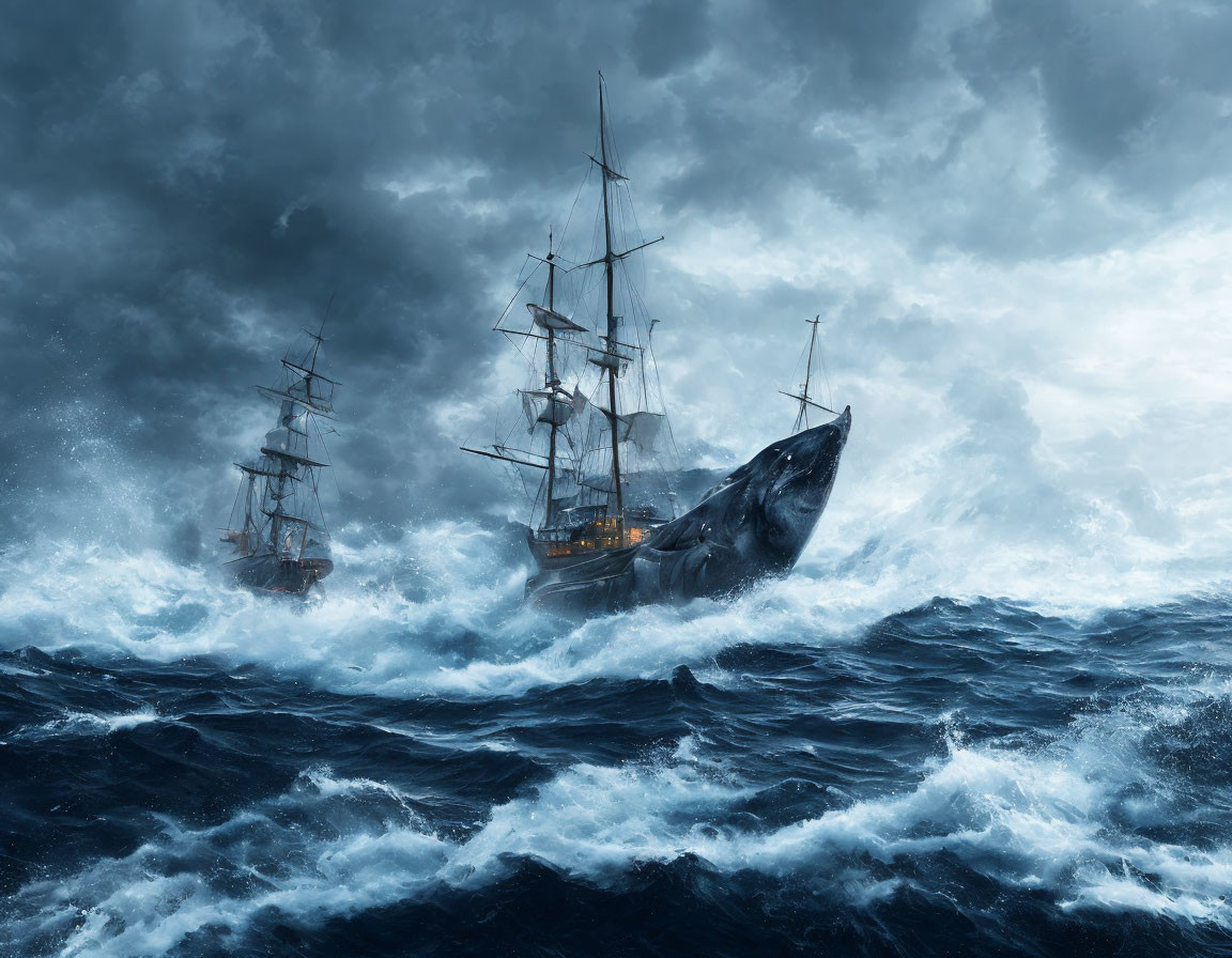 Tall ships in storm with whale tail and dark clouds