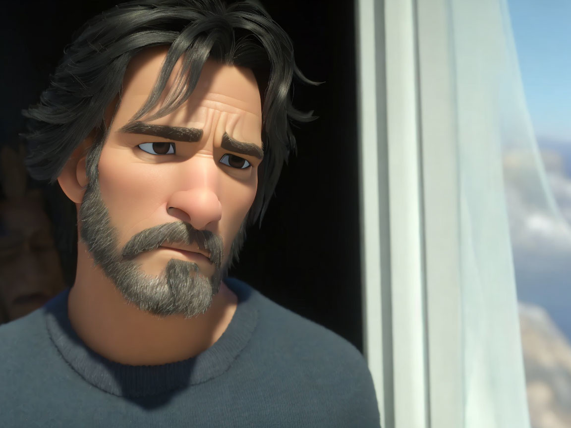 Bearded male animated character gazes out window in sunlight