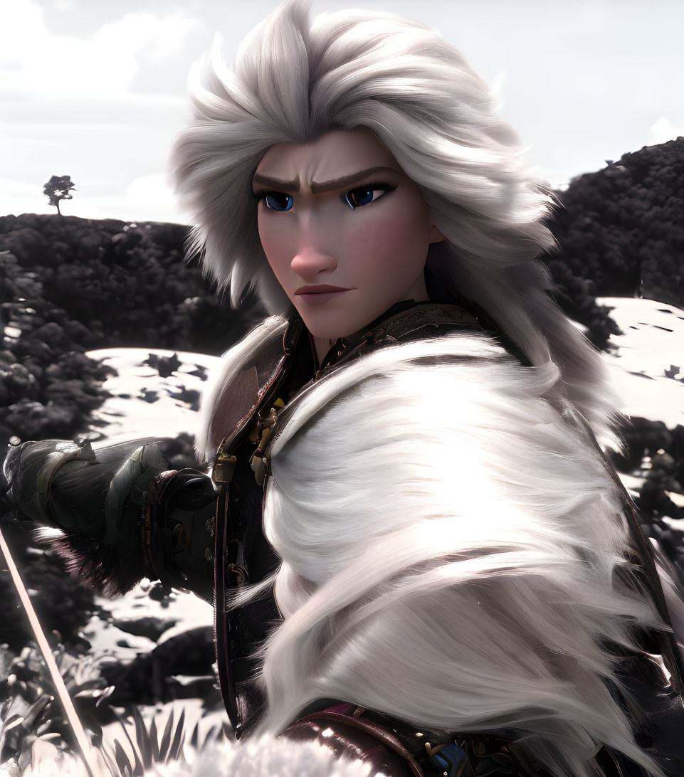 3D animated character with blue eyes and silver hair in fur-trimmed cloak and armor in snowy