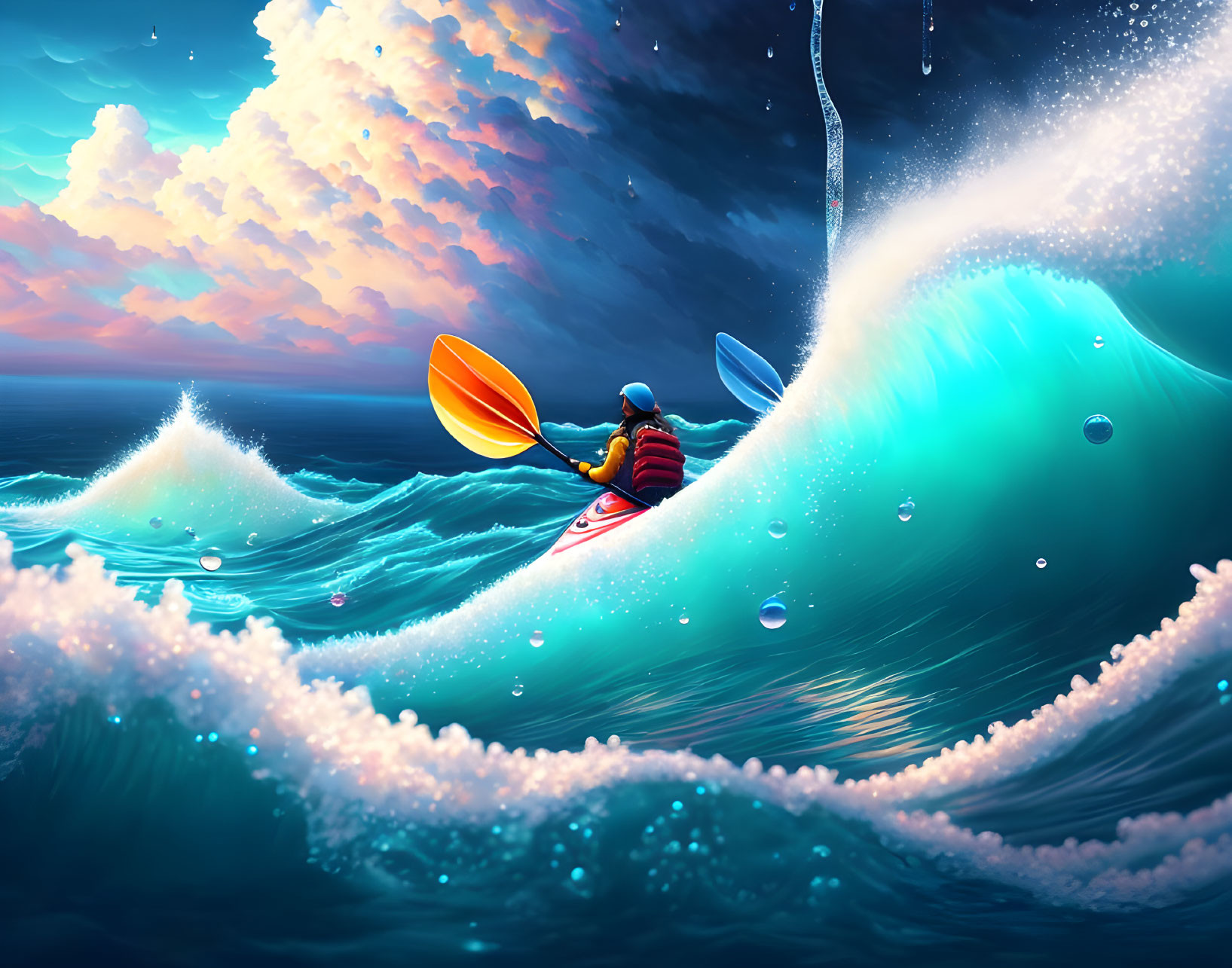 Kayaking on Vibrant Blue Ocean with Dynamic Waves and Orange Sky