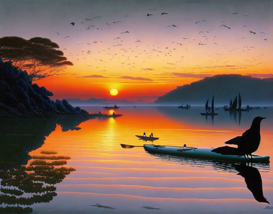 Tranquil sunset scene with colorful reflections on water and silhouettes of birds, sailboats,