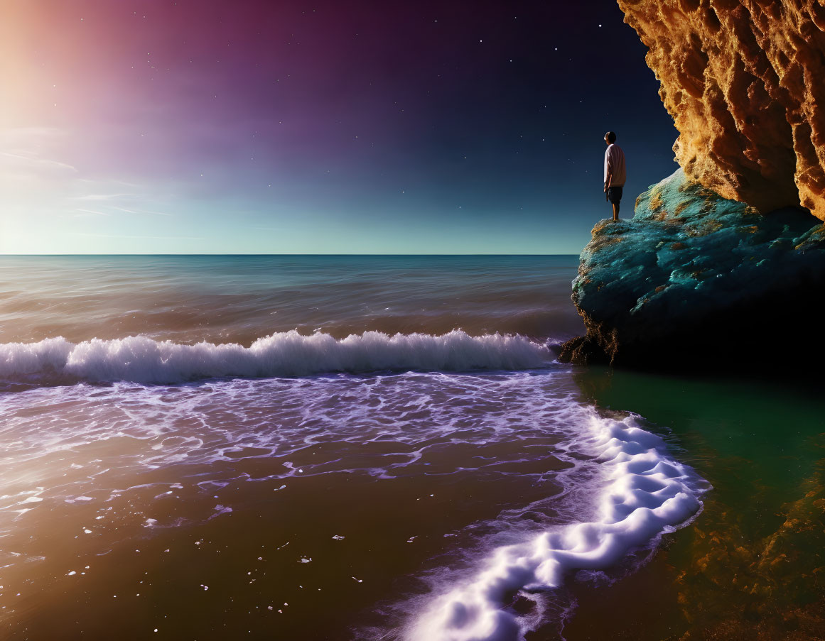 Person on Rocky Cliff Overlooking Serene Beach at Twilight