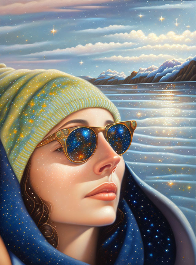 Woman in beanie and sunglasses admires starry night sky over mountains and water.