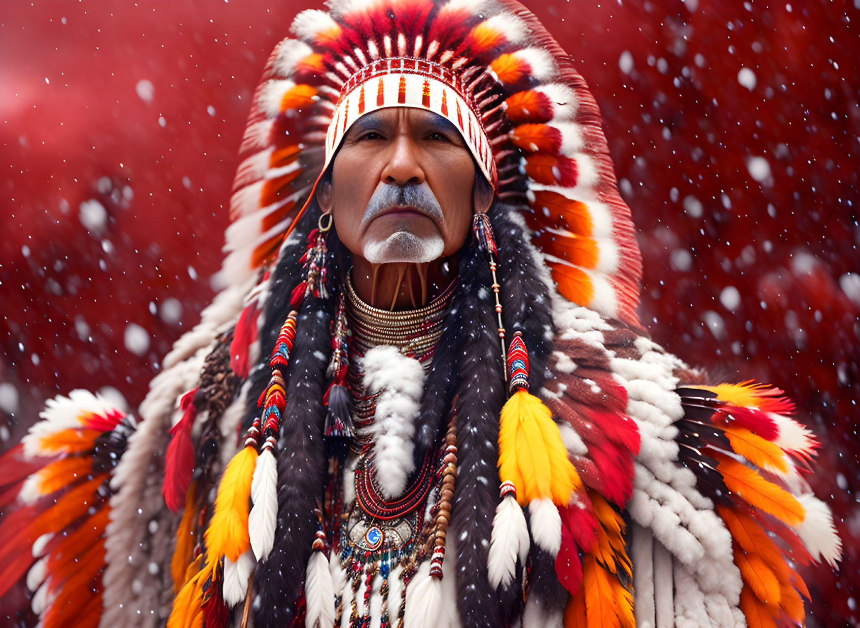 Elaborate Native American regalia with feathered headdress and snowflakes.