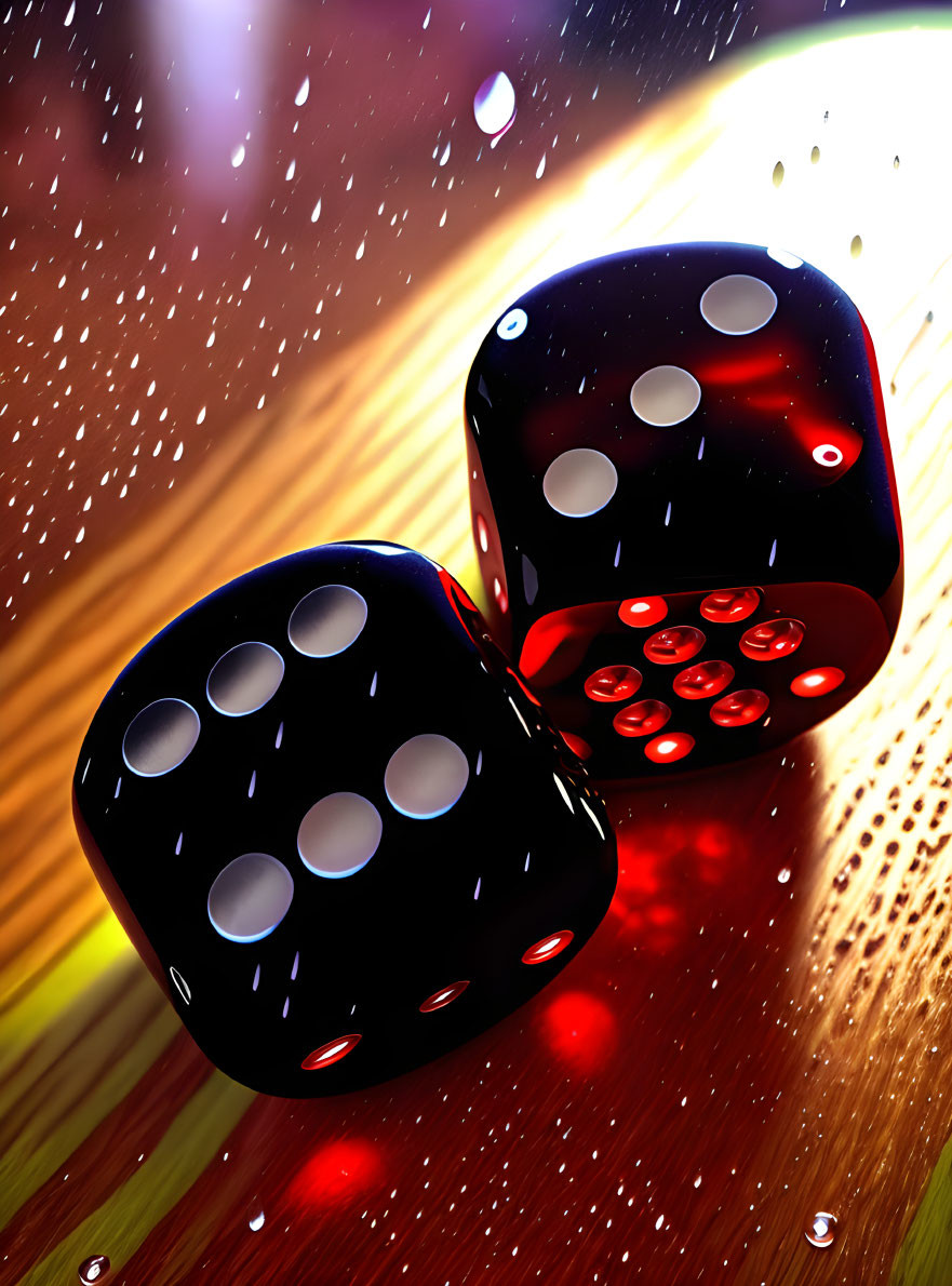 Glossy black dice with white dots in mid-roll with dynamic lighting and motion blur effects