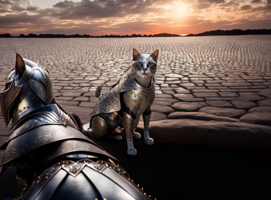 Medieval armor-clad cat on dry lake bed at sunset with another figure.