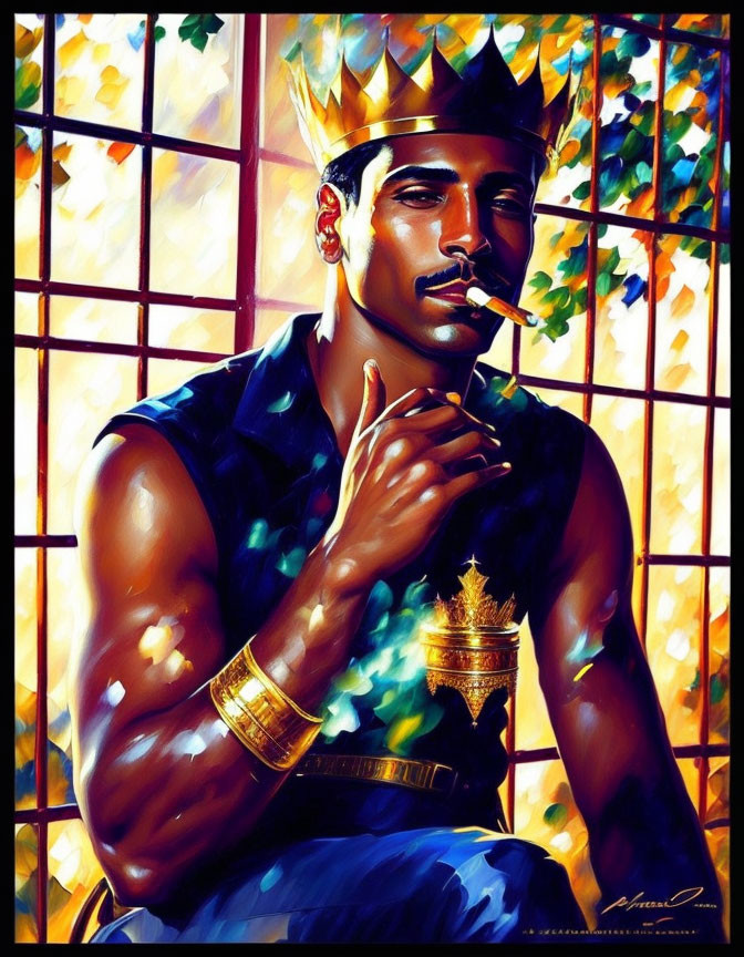 Stylized portrait of man with crown and cigar in colorful light