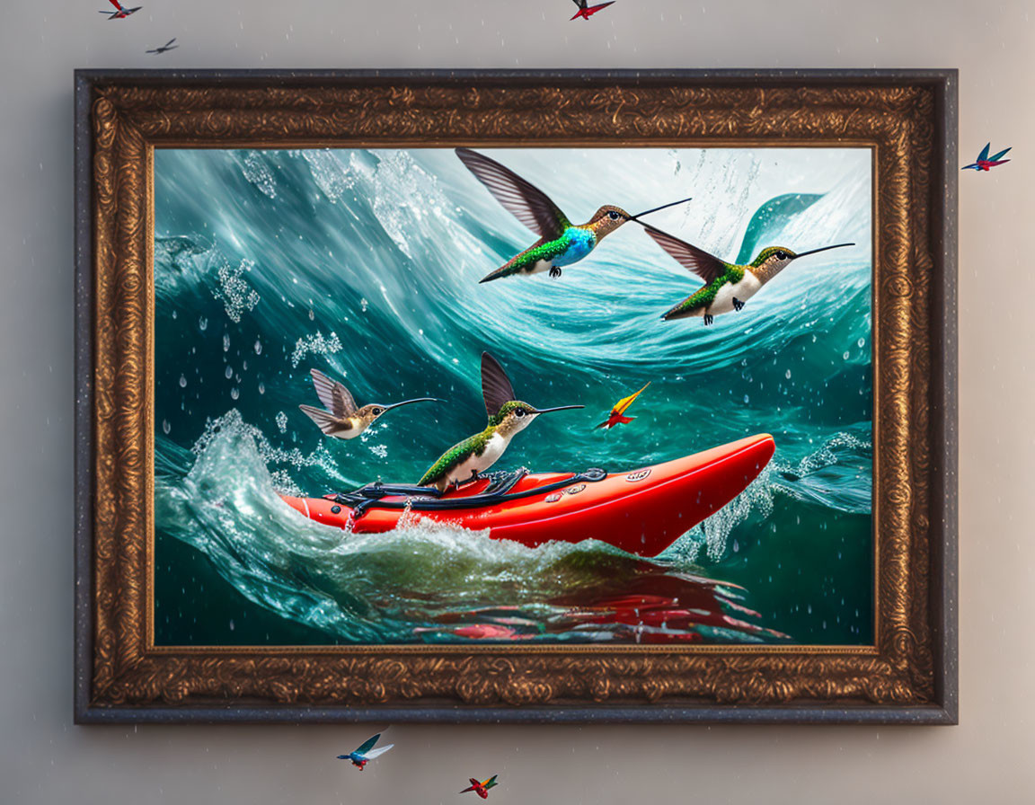 Framed image of hummingbirds over red kayak in ocean waves