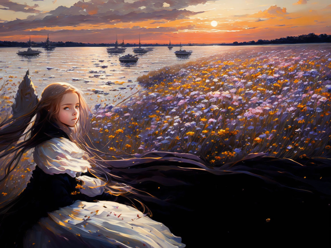 Young girl in colorful flower field by serene lake at sunset