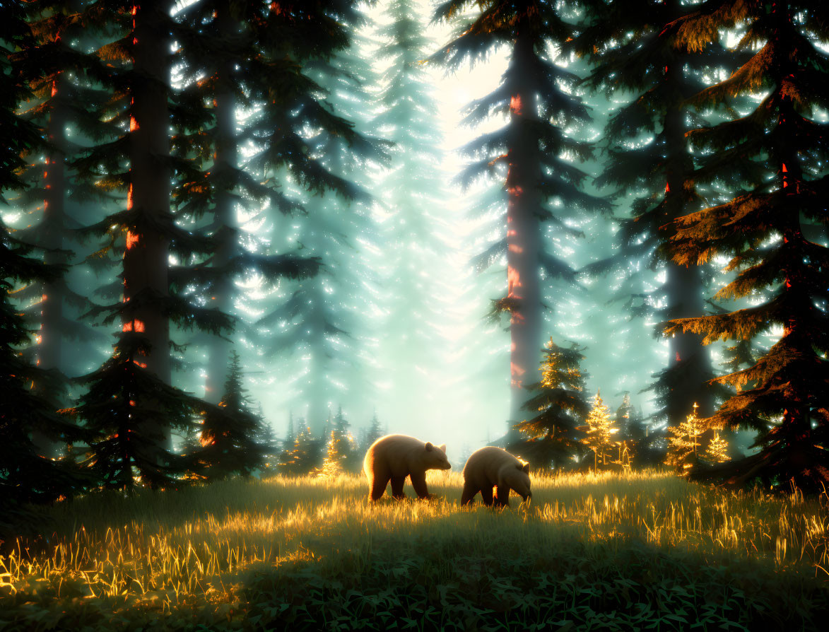 Sunlit forest clearing with two bears and tall pine trees