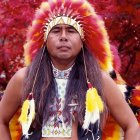 Elaborate Native American regalia with feathered headdress and snowflakes.