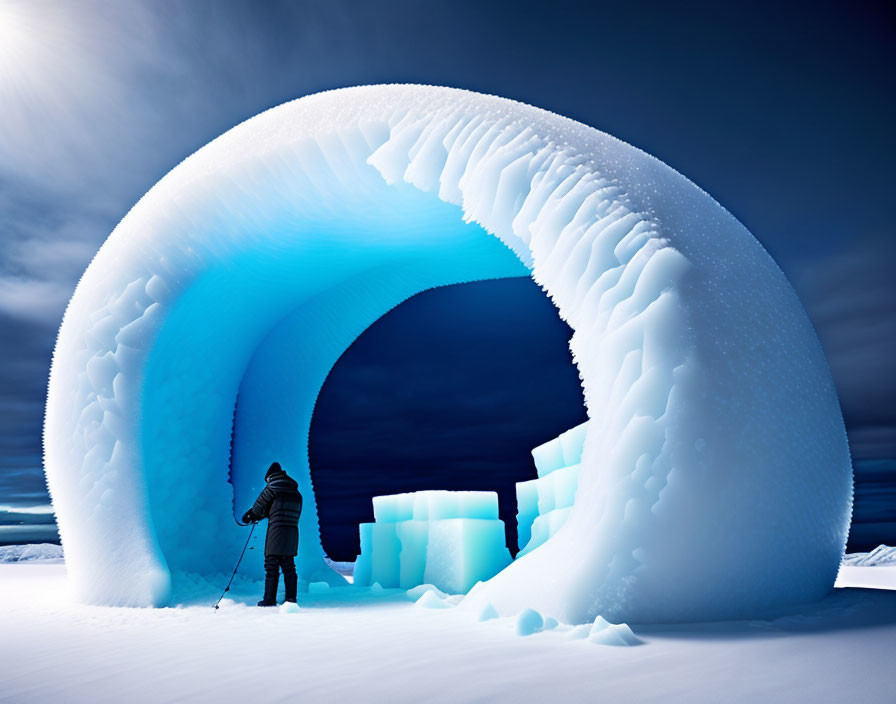 Sculpted ice arch in snowy landscape with dramatic sky