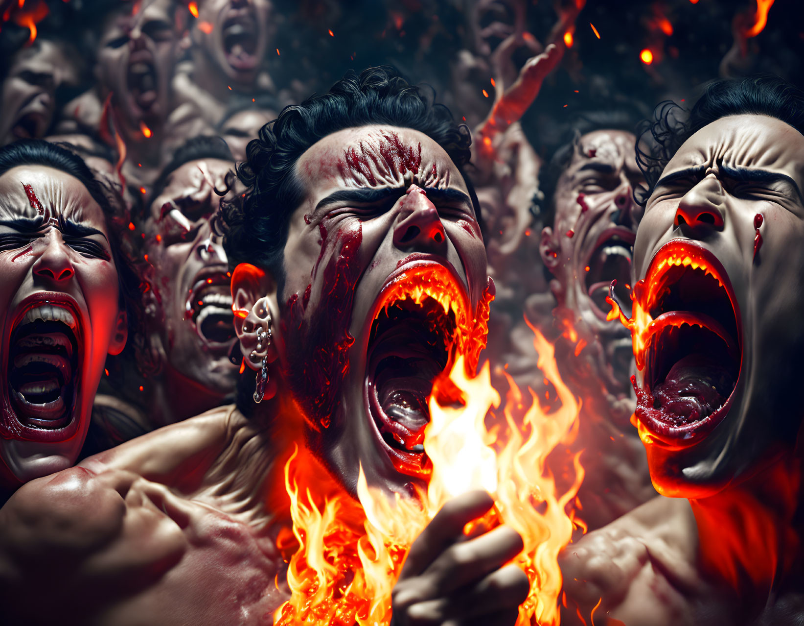 Detailed Illustration of Screaming Faces and Flames Emitting Mouth