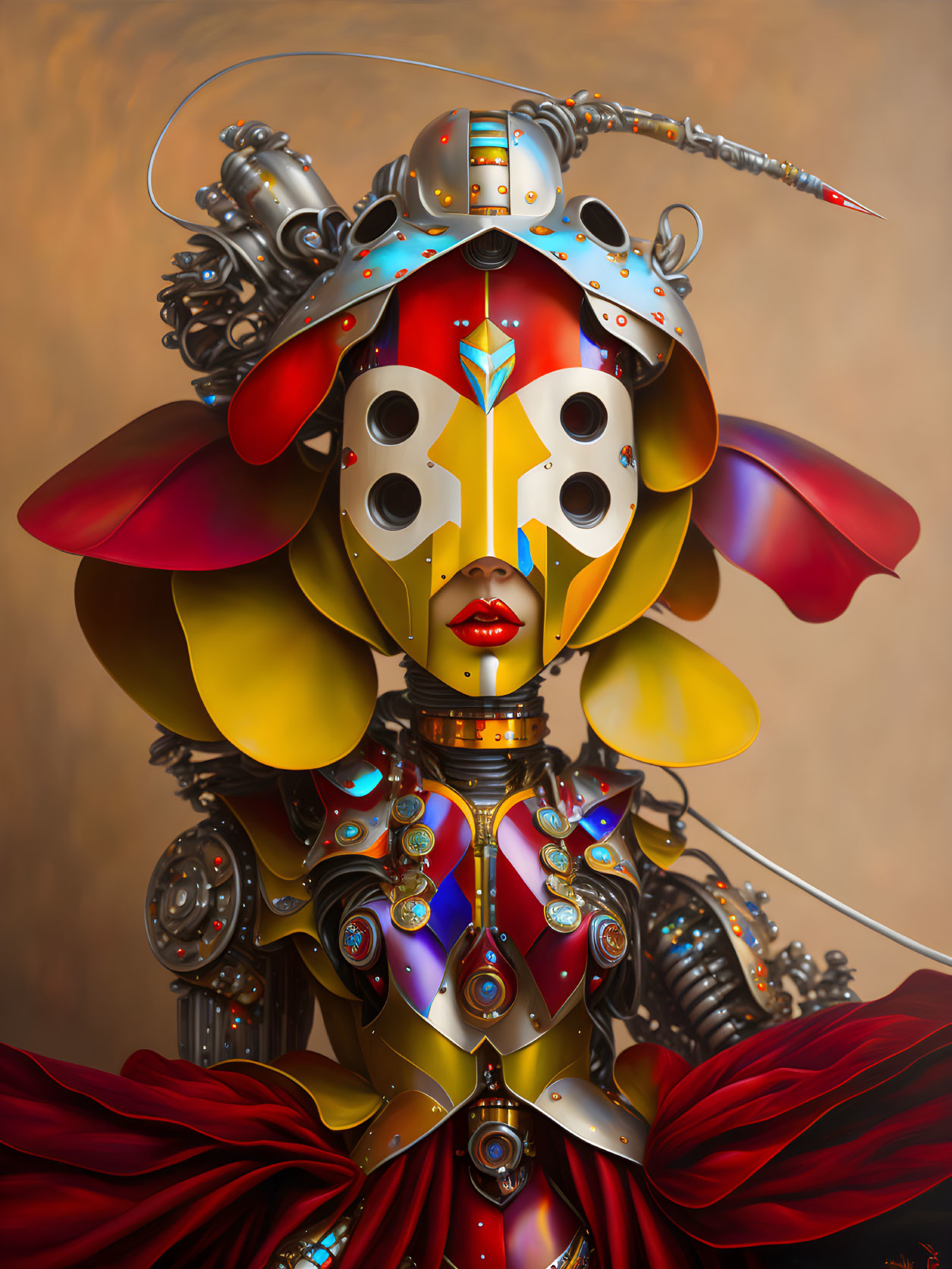 Colorful ornate robotic figure with petal-shaped helmet and intricate armor against warm backdrop