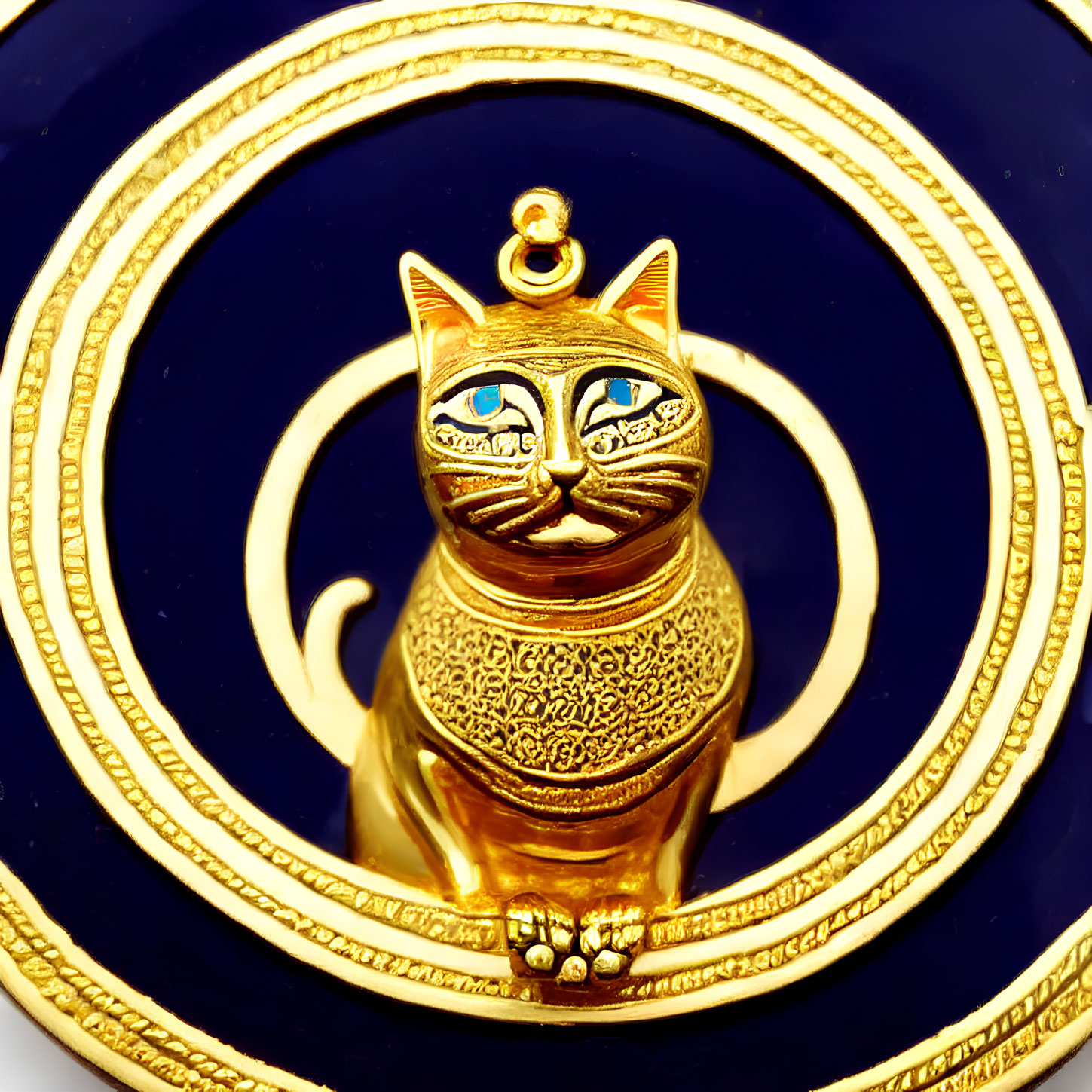 Golden stylized cat figurine with blue eyes on navy blue background and golden crescent moon.