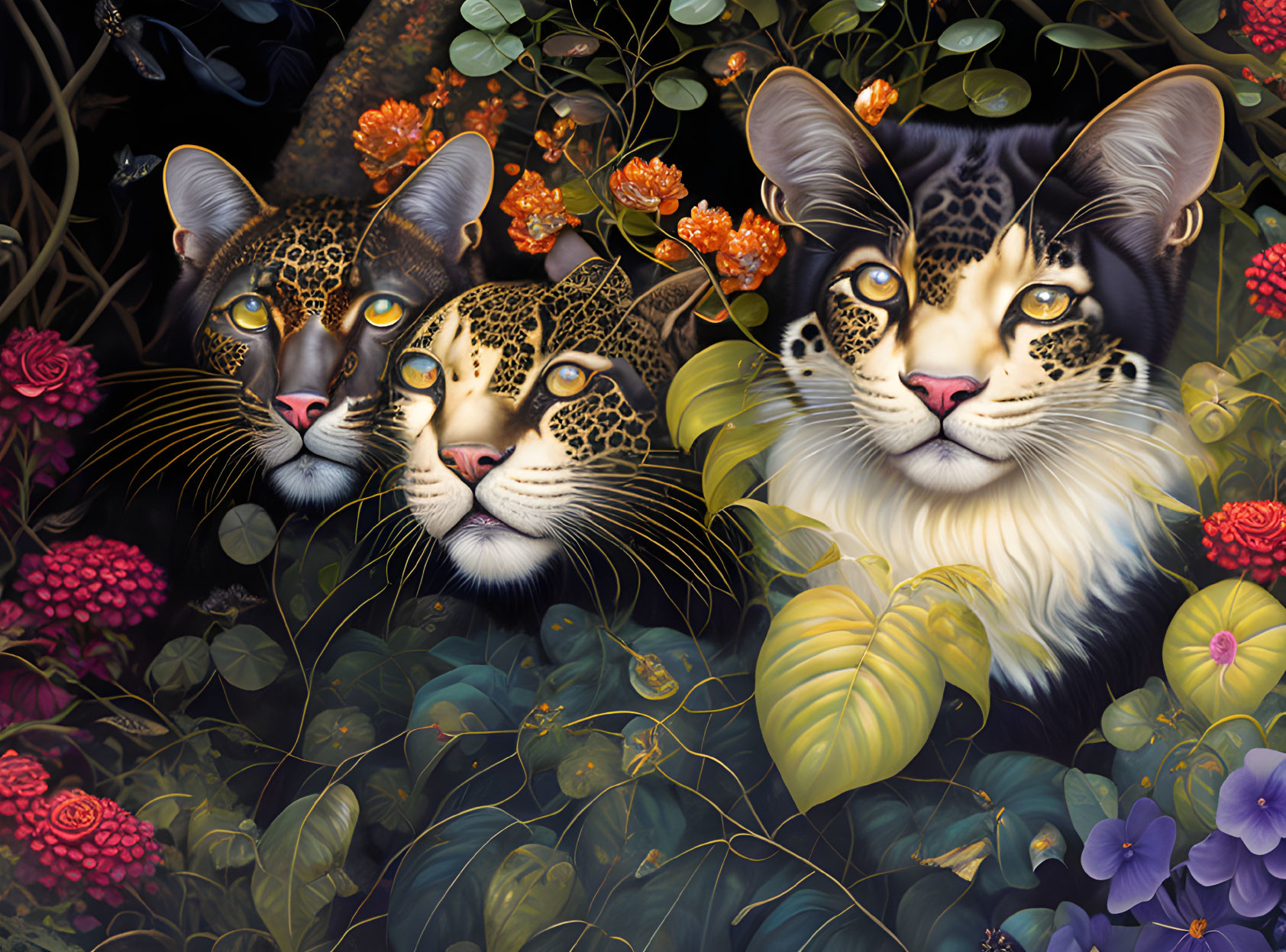 Illustrated leopards in vibrant flora with flowers and foliage.