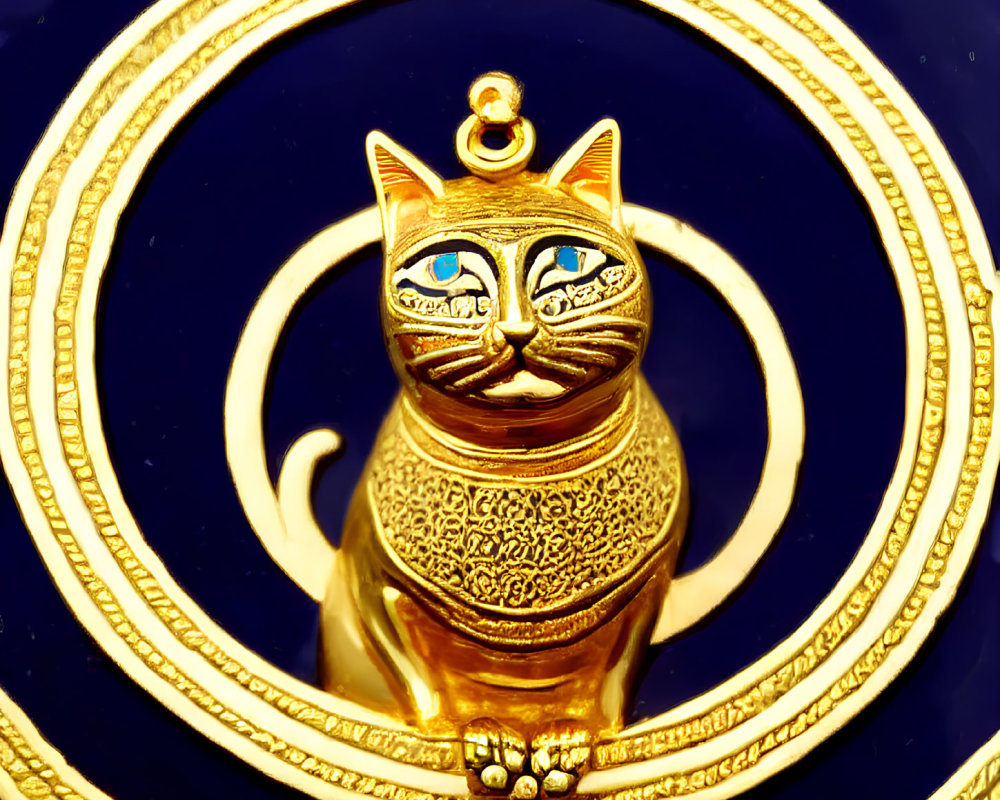 Golden stylized cat figurine with blue eyes on navy blue background and golden crescent moon.