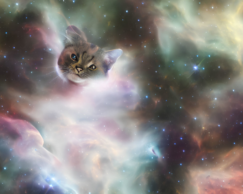 Cat's face merged with cosmic nebula in vibrant image