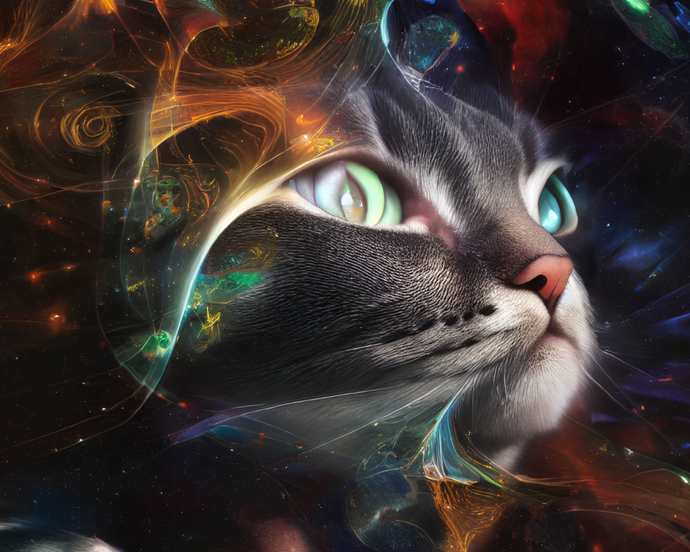 Colorful digital artwork: Cat's face on cosmic background