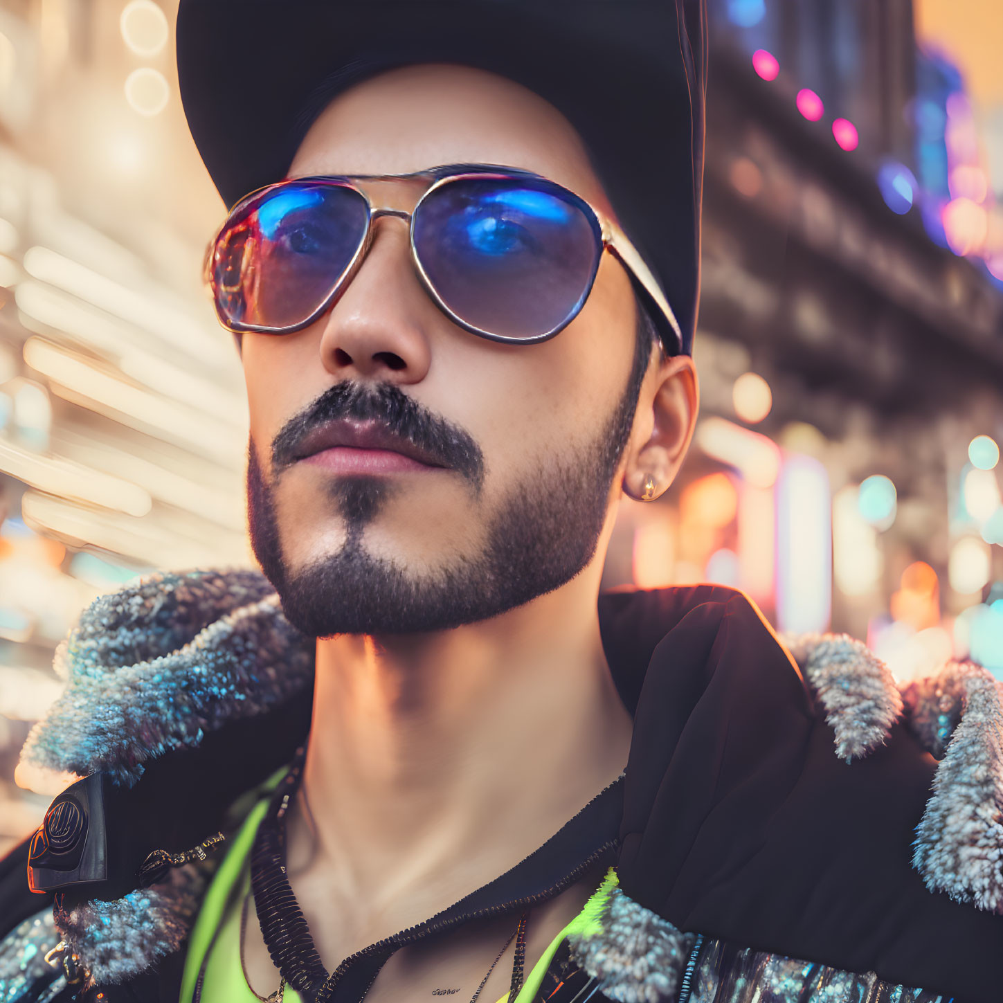 Fashionable man in sunglasses and hat, with mustache and beard, posing in bling jacket at