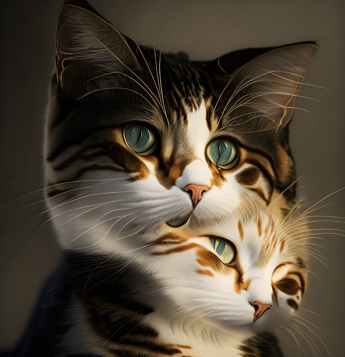 Digital artwork featuring two striped fur cats with green eyes in a cozy pose