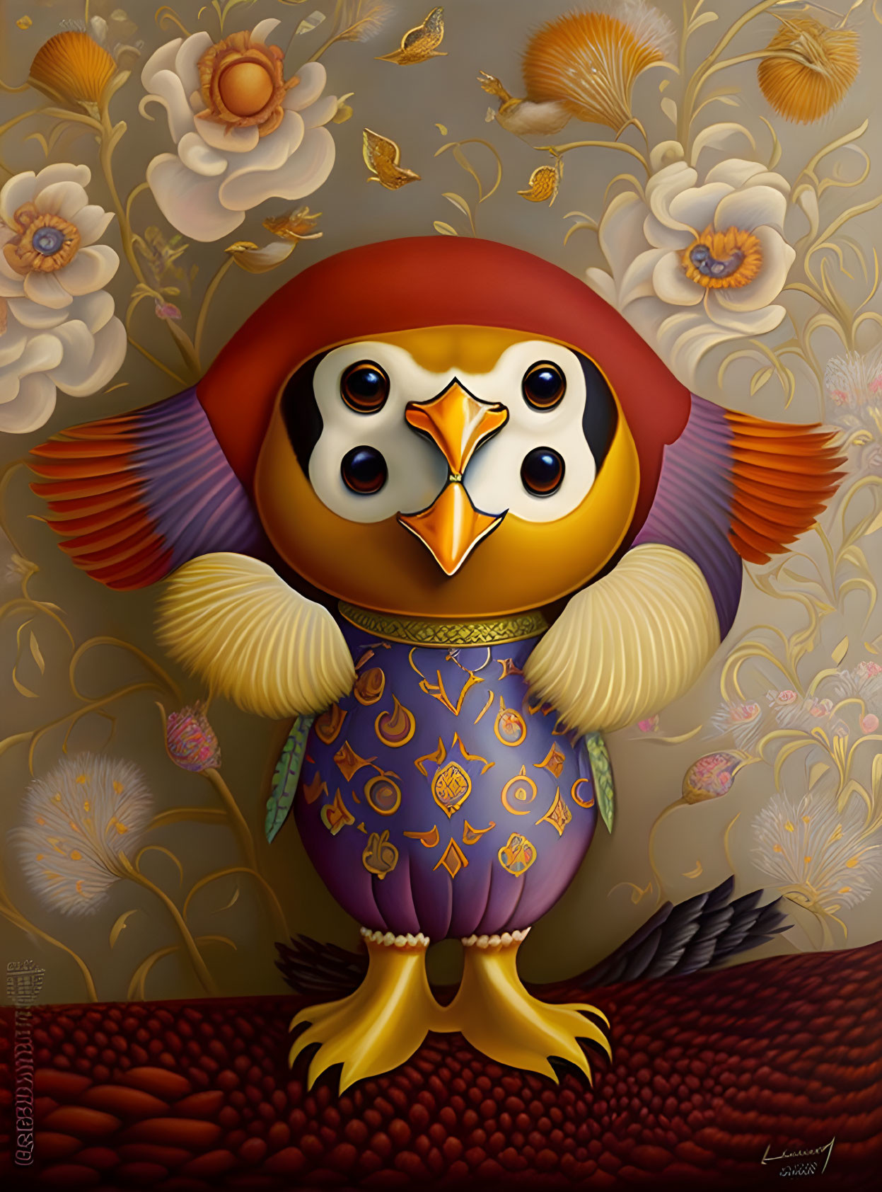 Colorful Owl with Floral Patterned Body and Wings on Textured Ground