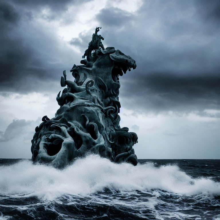 Sculpture of rearing horse and rider under stormy sky with crashing waves