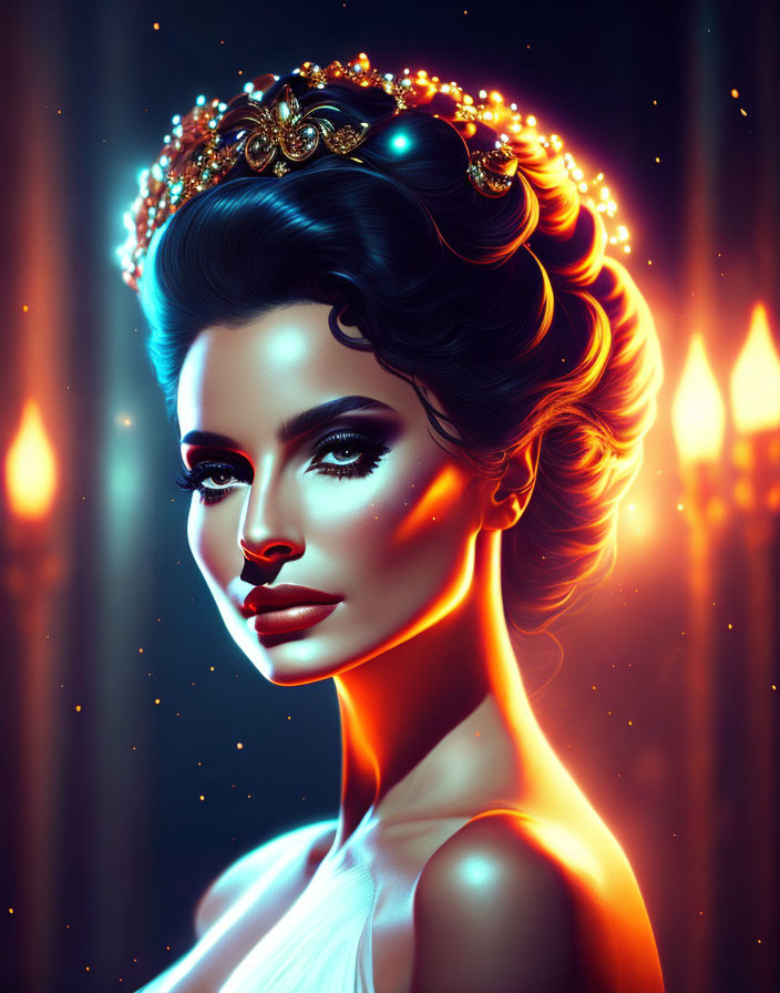 Regal woman with glowing crown and elegant makeup in candlelight