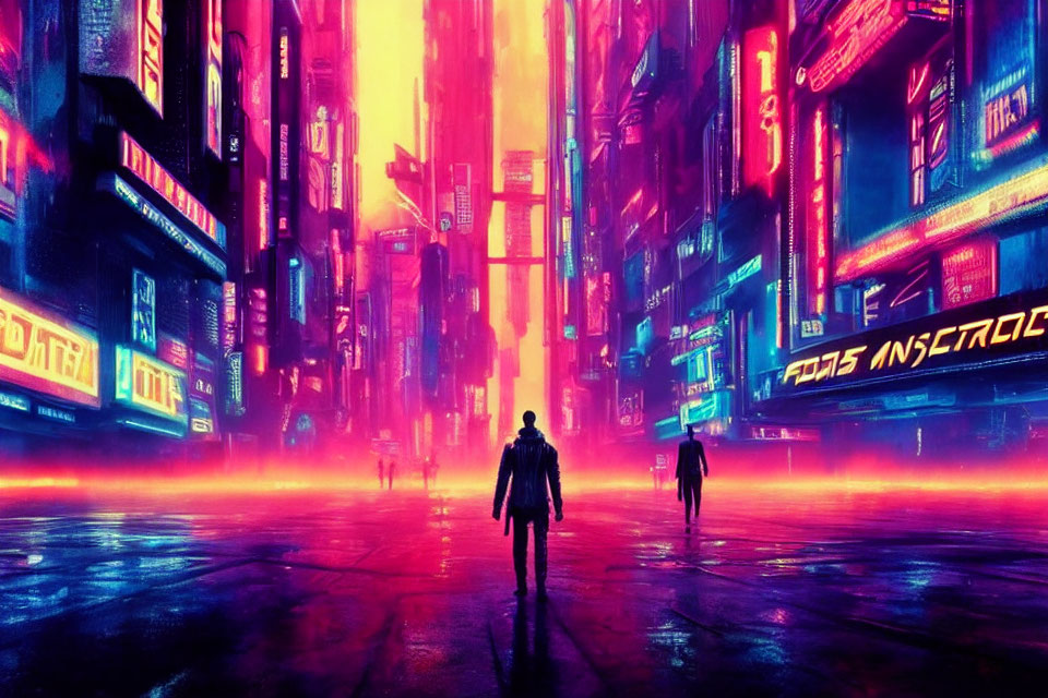 Neon-soaked futuristic cityscape with silhouetted figures