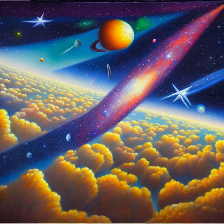 Colorful cosmic painting: stars, planets, comet, clouds on blue space.