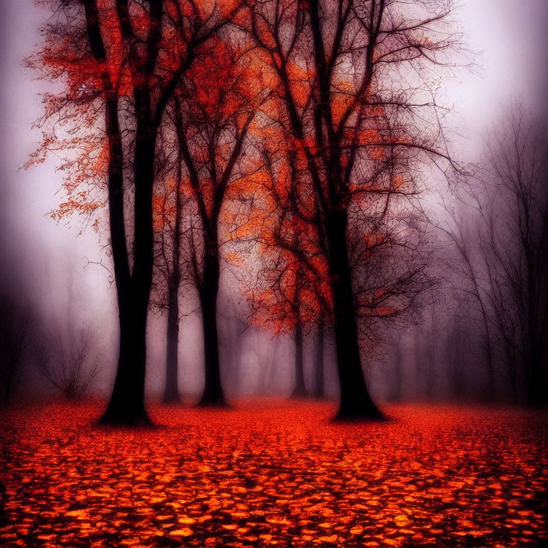 Vibrant orange leaves and fog in mystical autumn scene