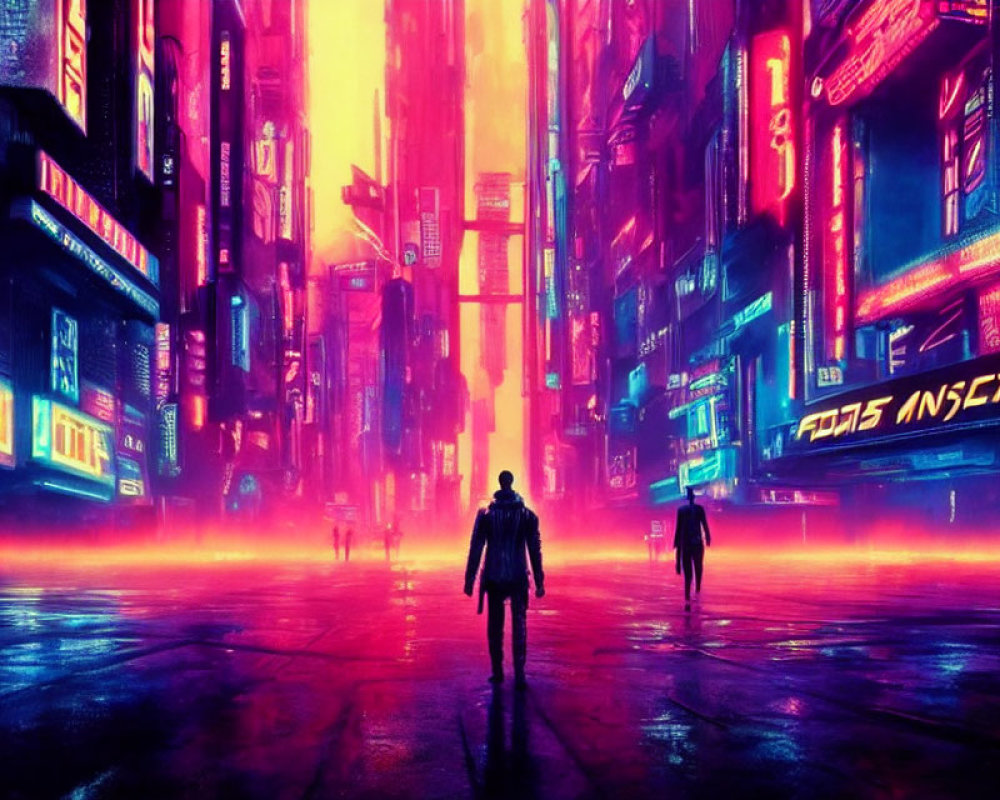 Neon-soaked futuristic cityscape with silhouetted figures