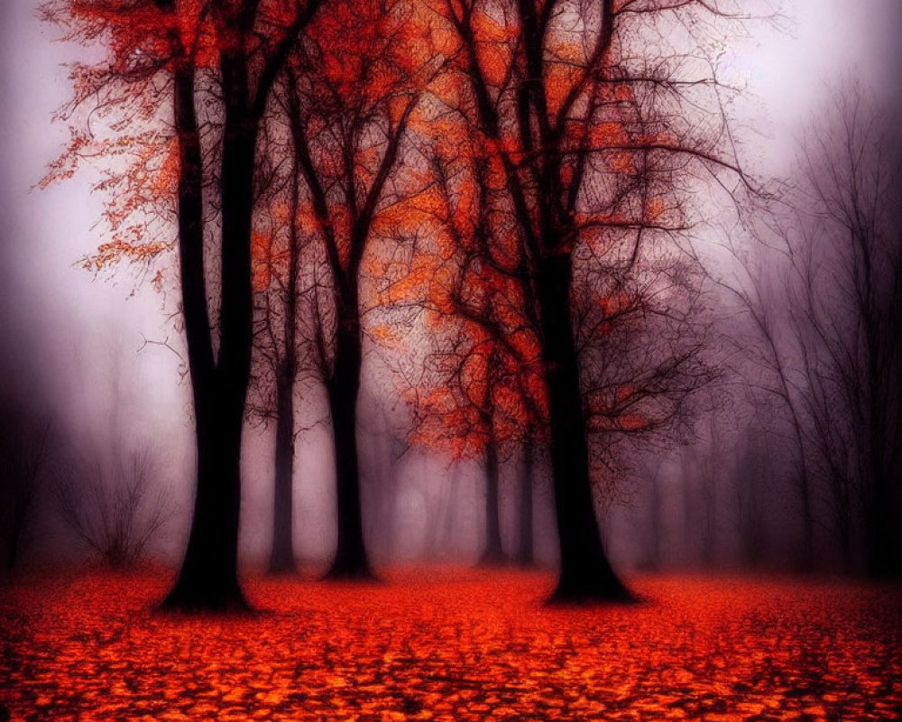 Vibrant orange leaves and fog in mystical autumn scene