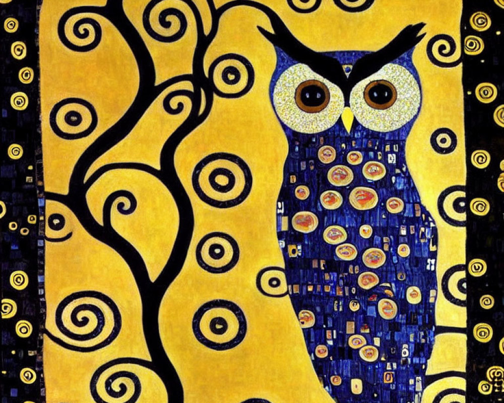 Stylized owl with spiral patterns on yellow background