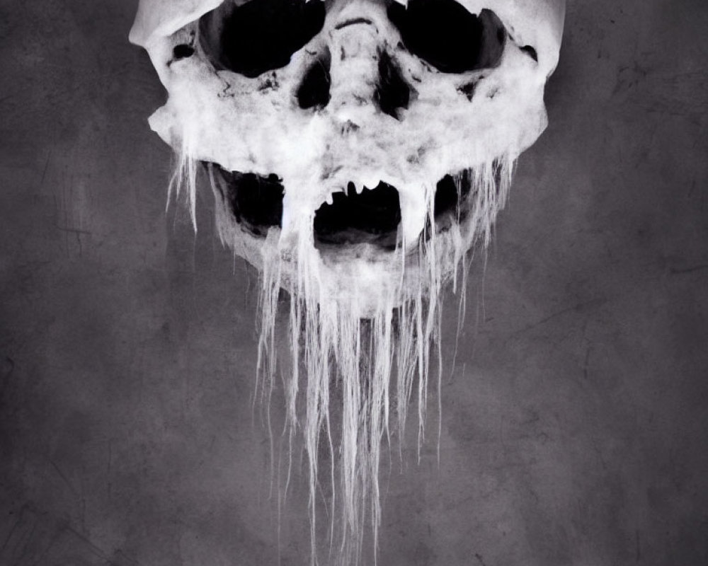 Grayscale melting skull with elongated drips on dark textured background