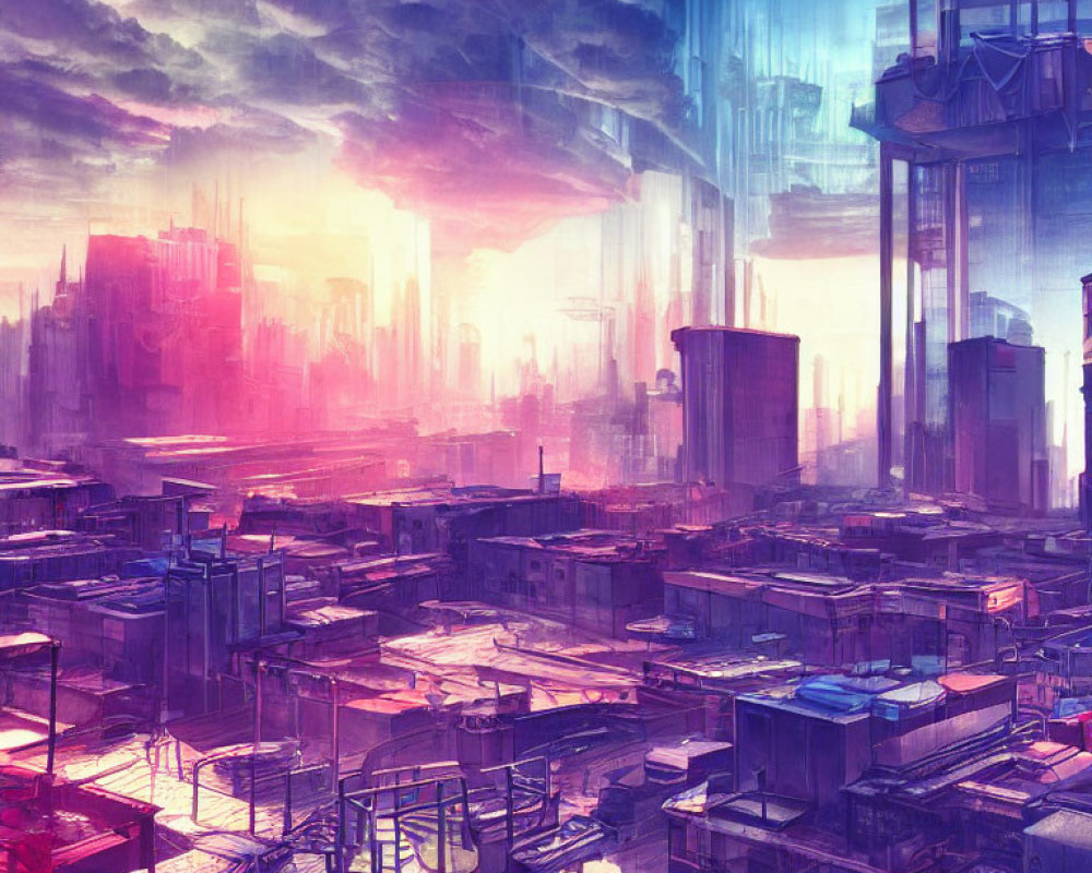 Futuristic cityscape with skyscrapers and flying vehicles in vibrant sky