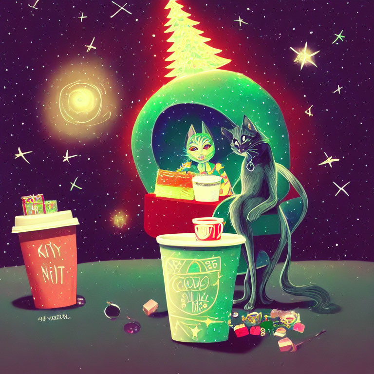 Whimsical cosmic illustration with alien figure, black cat, festive tree portal, 'Kitty N