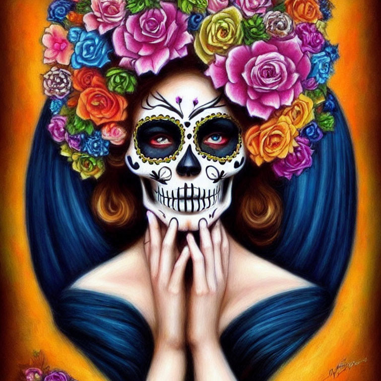 Colorful Dia de los Muertos-inspired skull face paint with rose crown.