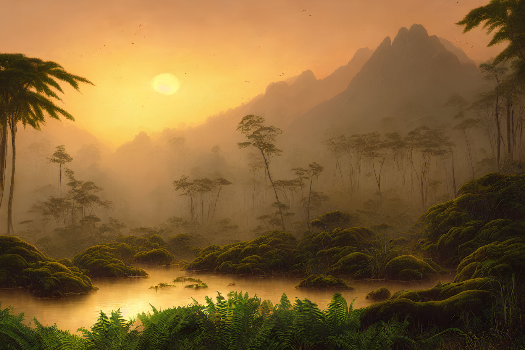 Tranquil sunrise over misty forest with towering trees