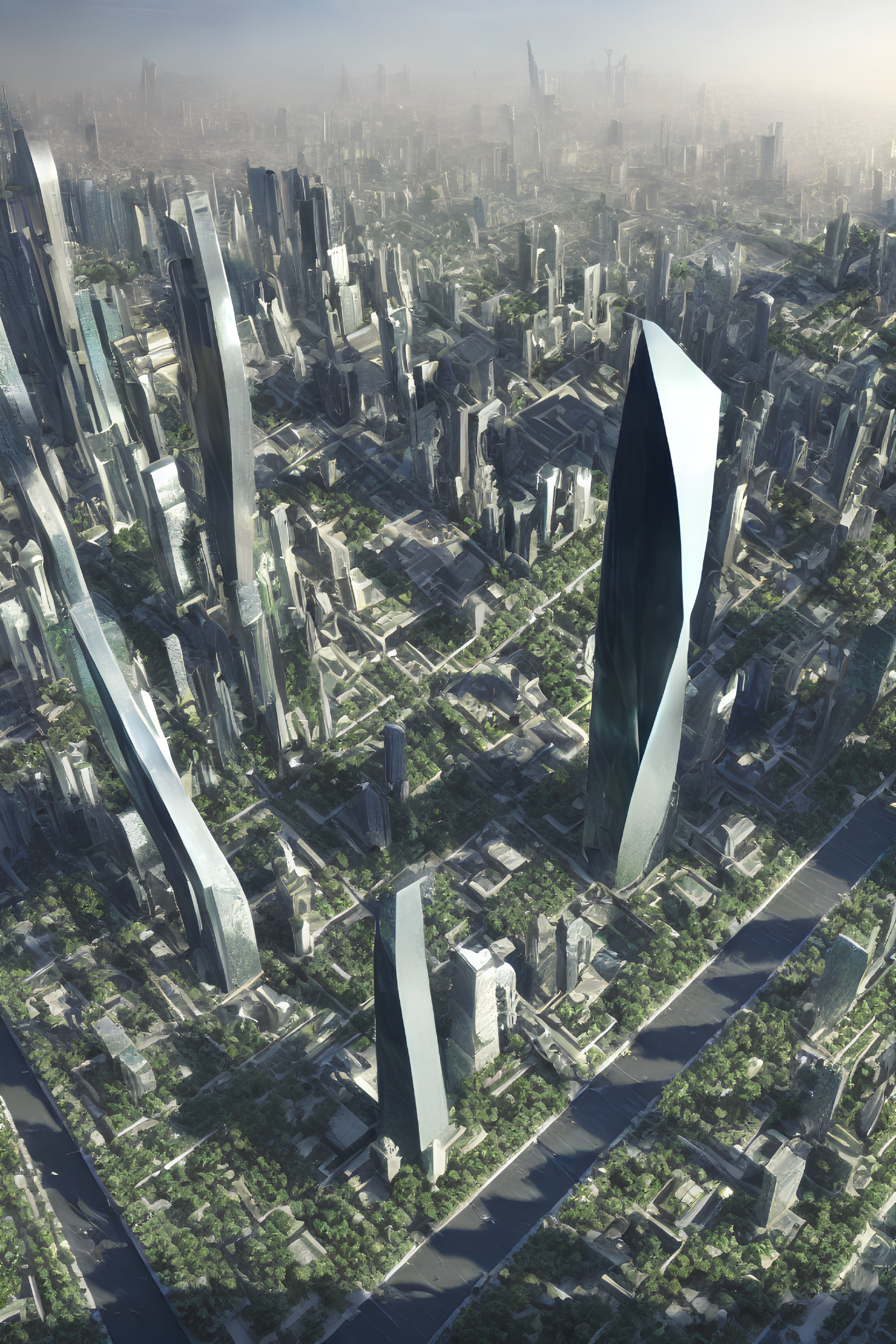 Futuristic cityscape with skyscrapers, green spaces, and rivers under hazy sky