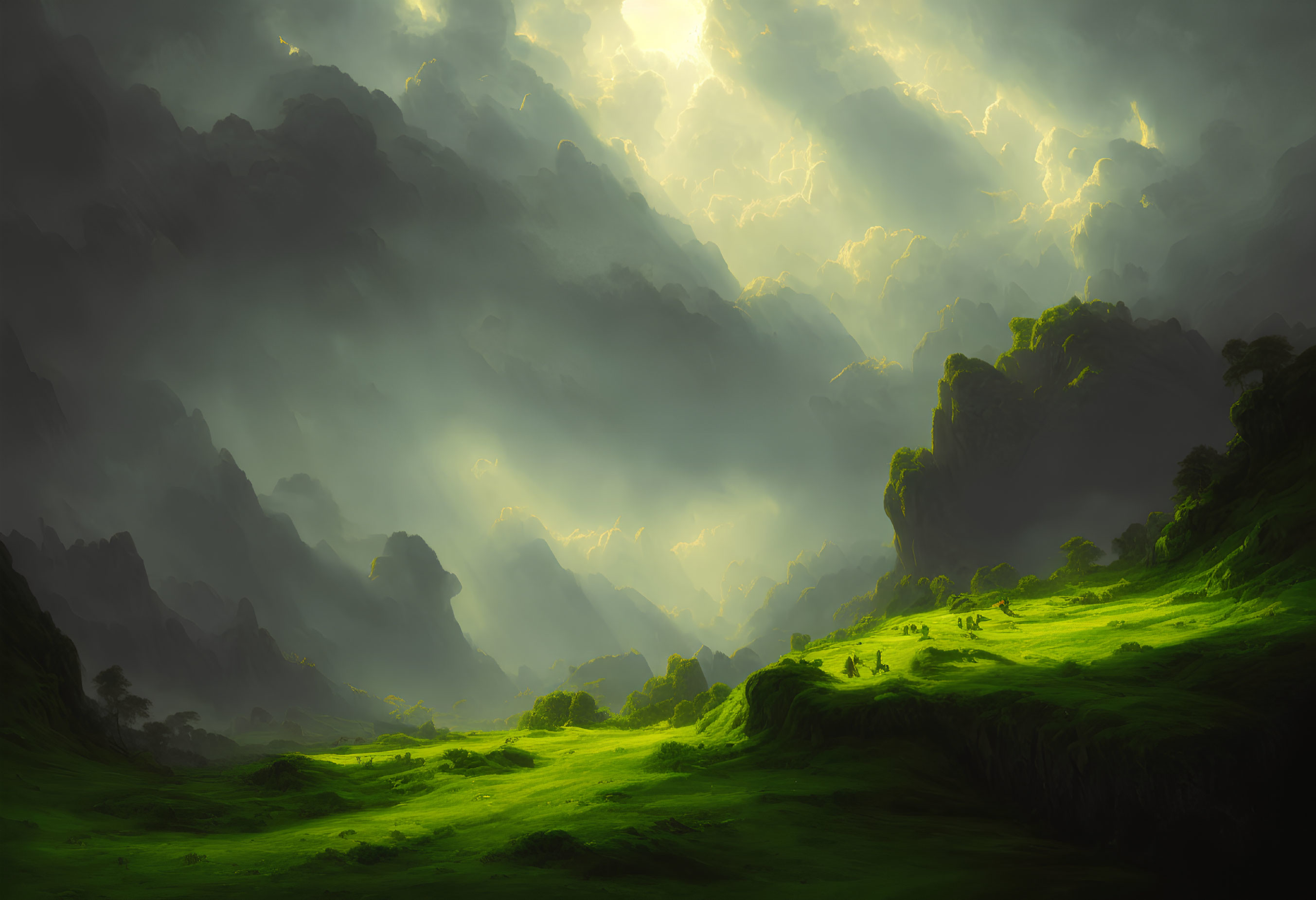 Dramatic sunlight illuminating lush green landscape