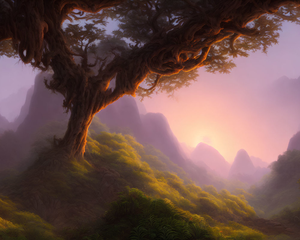 Misty sunset view through ancient twisted tree overlooking lush valley