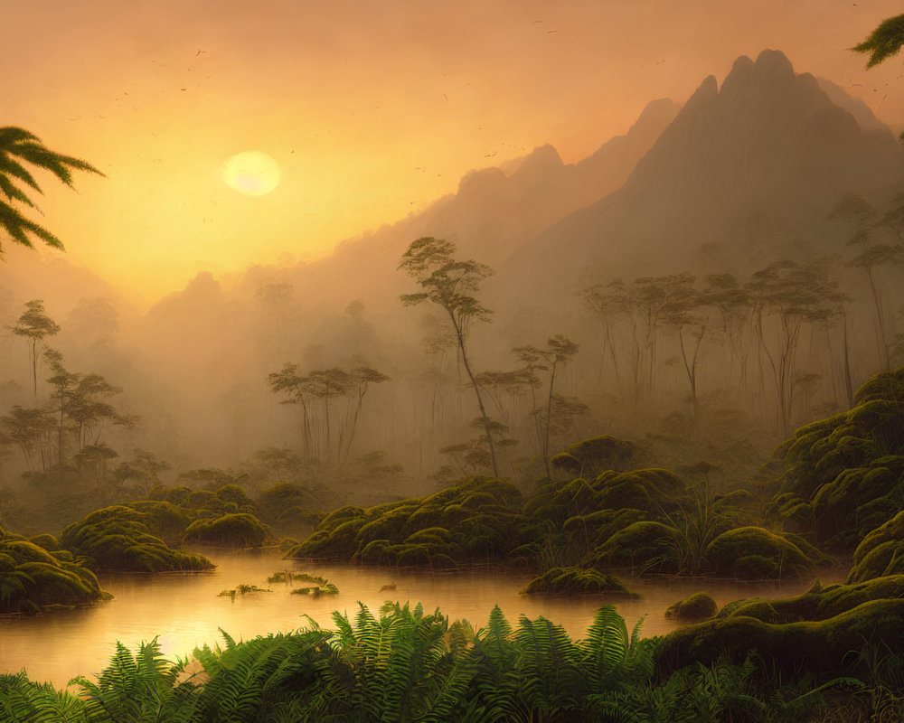 Tranquil sunrise over misty forest with towering trees