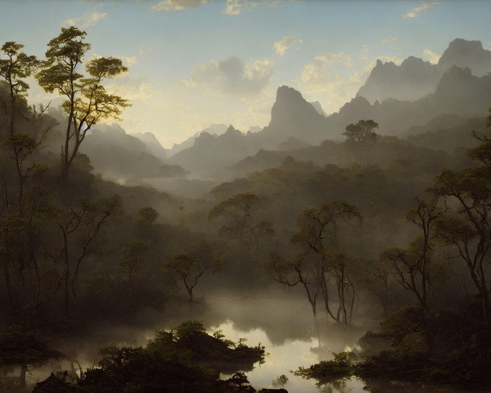 Misty River Landscape with Forests and Mountains