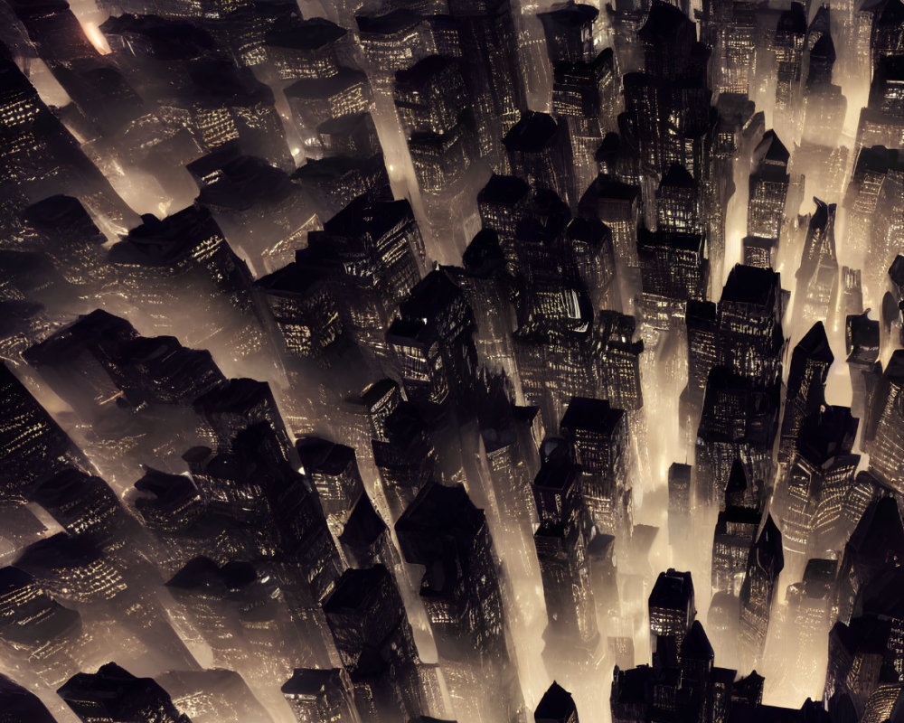 Dark dystopian cityscape with fog and high-rise buildings lit by eerie lights