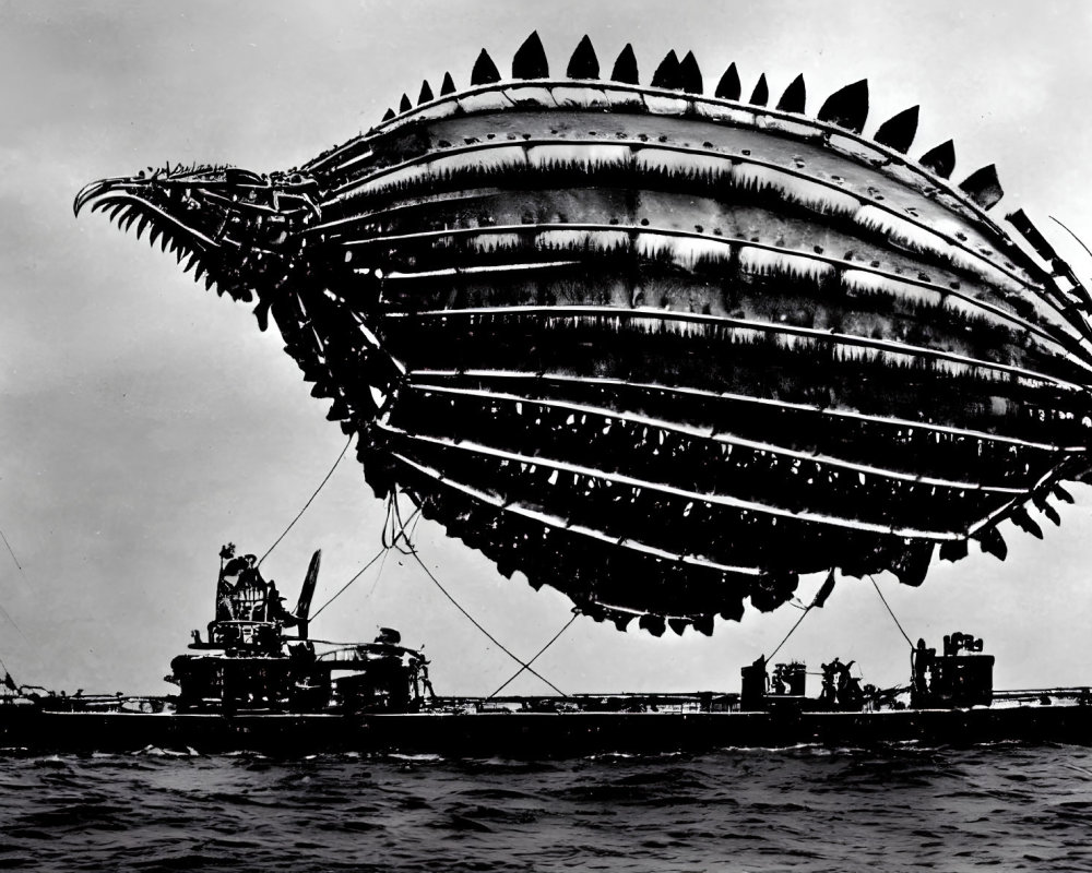 Monochromatic fantasy airship with fish-like features above old naval ship