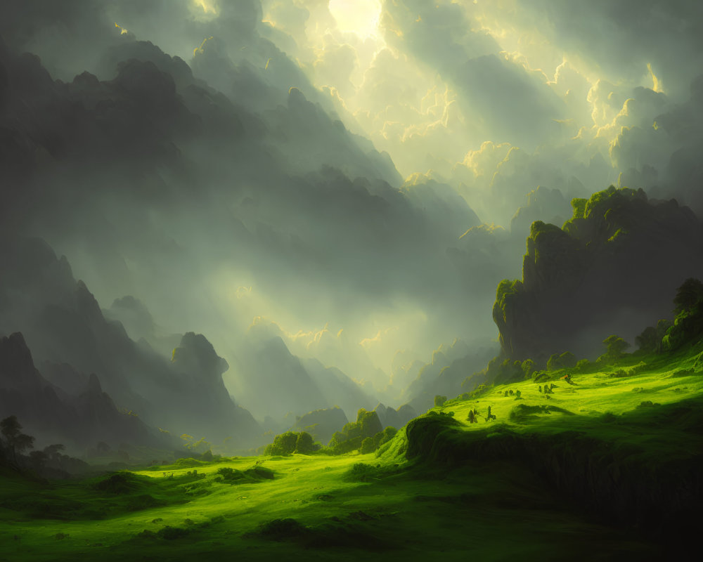 Dramatic sunlight illuminating lush green landscape